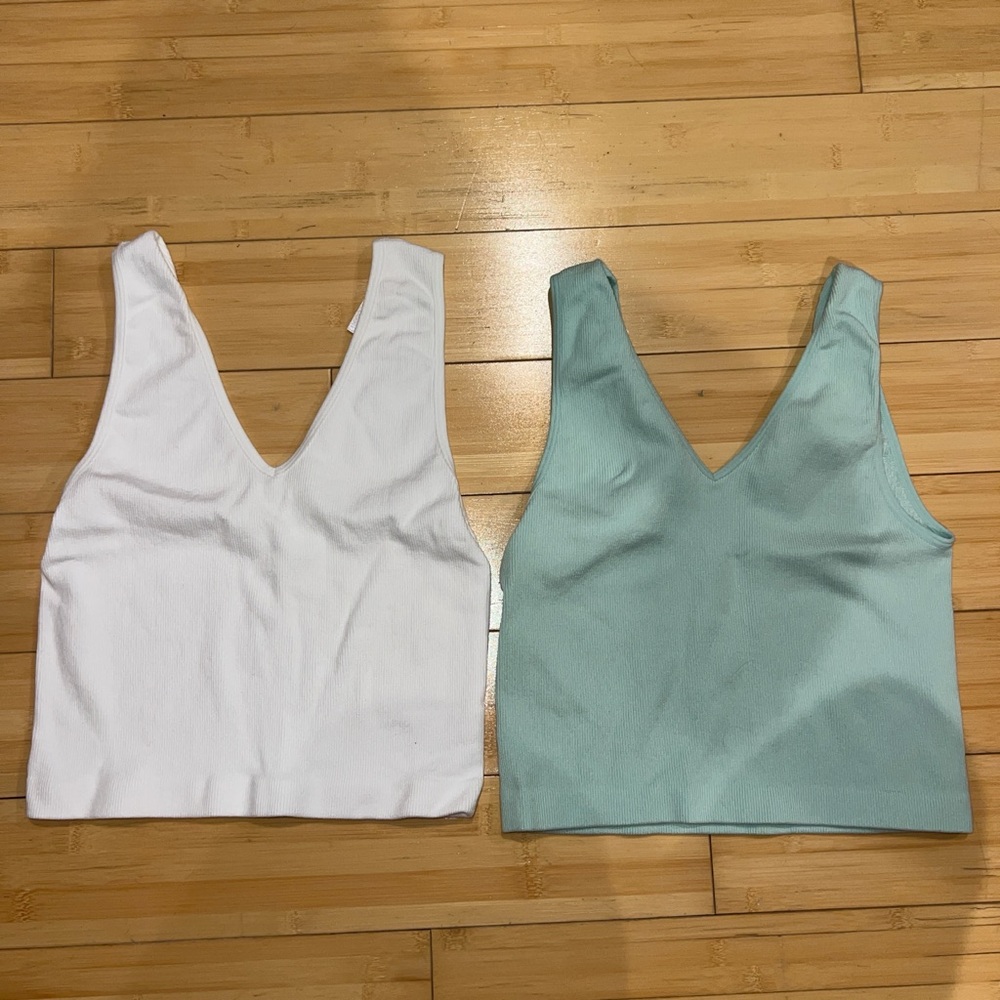 By Together White and Green Fitted Crop Tank Tops
